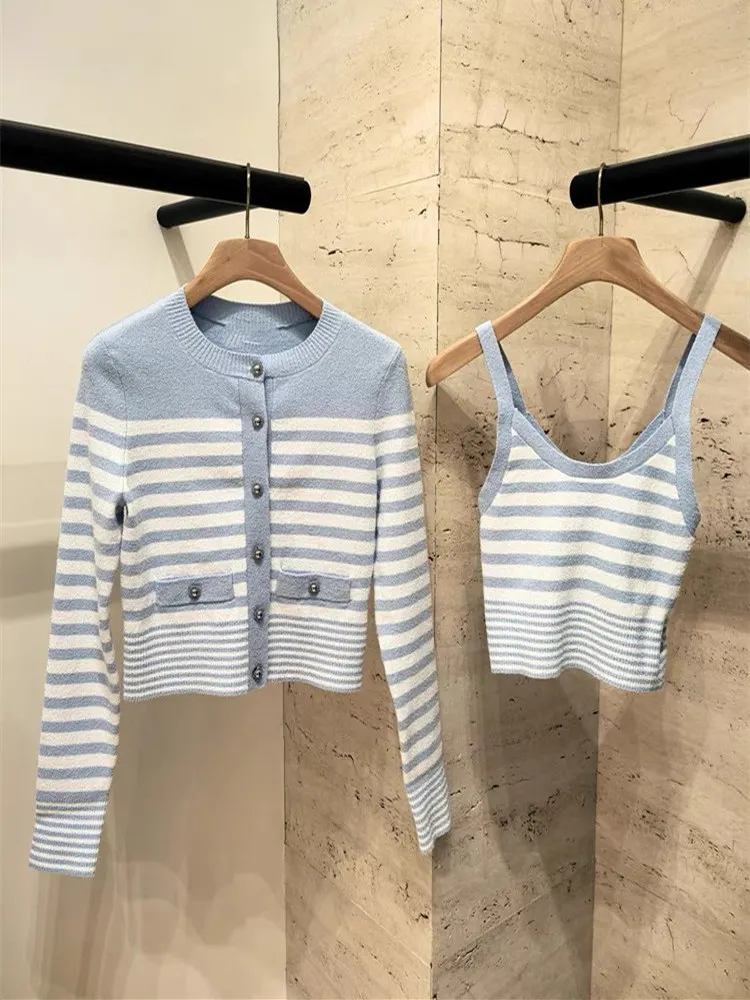 High-End Version Blue Striped Knitted Wrap Top Spring Summer Women's Fashionous Knitted Dressing Gown Series Elegant
