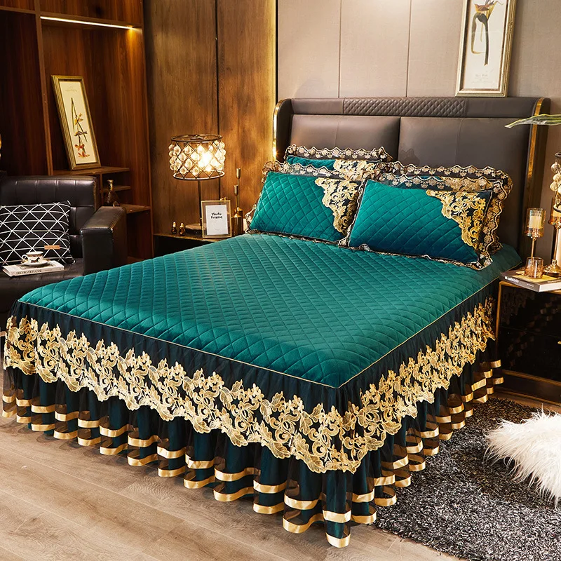 Bed Skirt Lace Crystal Velvet Quilted Thick Bedspread Non-slip Mattress Cover Double Size Mattress Protector Single Fashion Home
