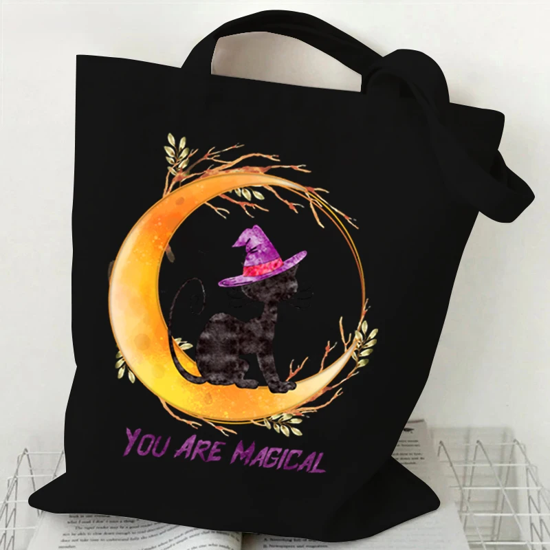 Halloween Witch Cat Tote Bag Gothic Black Cat Shopper Halloween Party Gift Shopping Bag Spooky Season Funny Animal Women Handbag