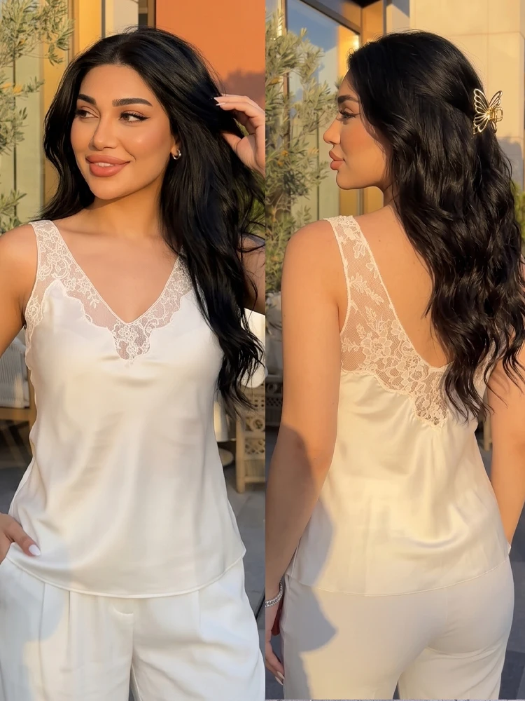 HH Women Elegant Lace Floral Solid Camisole V-Neck Sleeveless Sexy Backless Hollow Chic Top 2026 Summer Graduation Season Wear