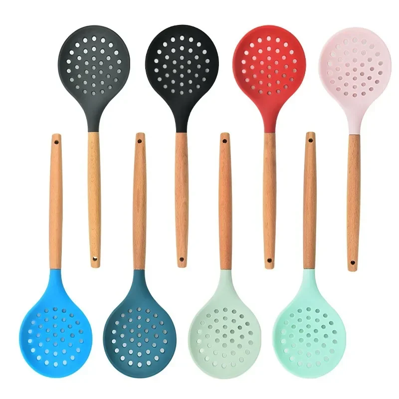 1Pcs Cooking Silicone Strainer Food Non-Stick Heat-Resistant Wooden Handle Colander Spoon Skimmer Strainer Cooking Kitchen Tools