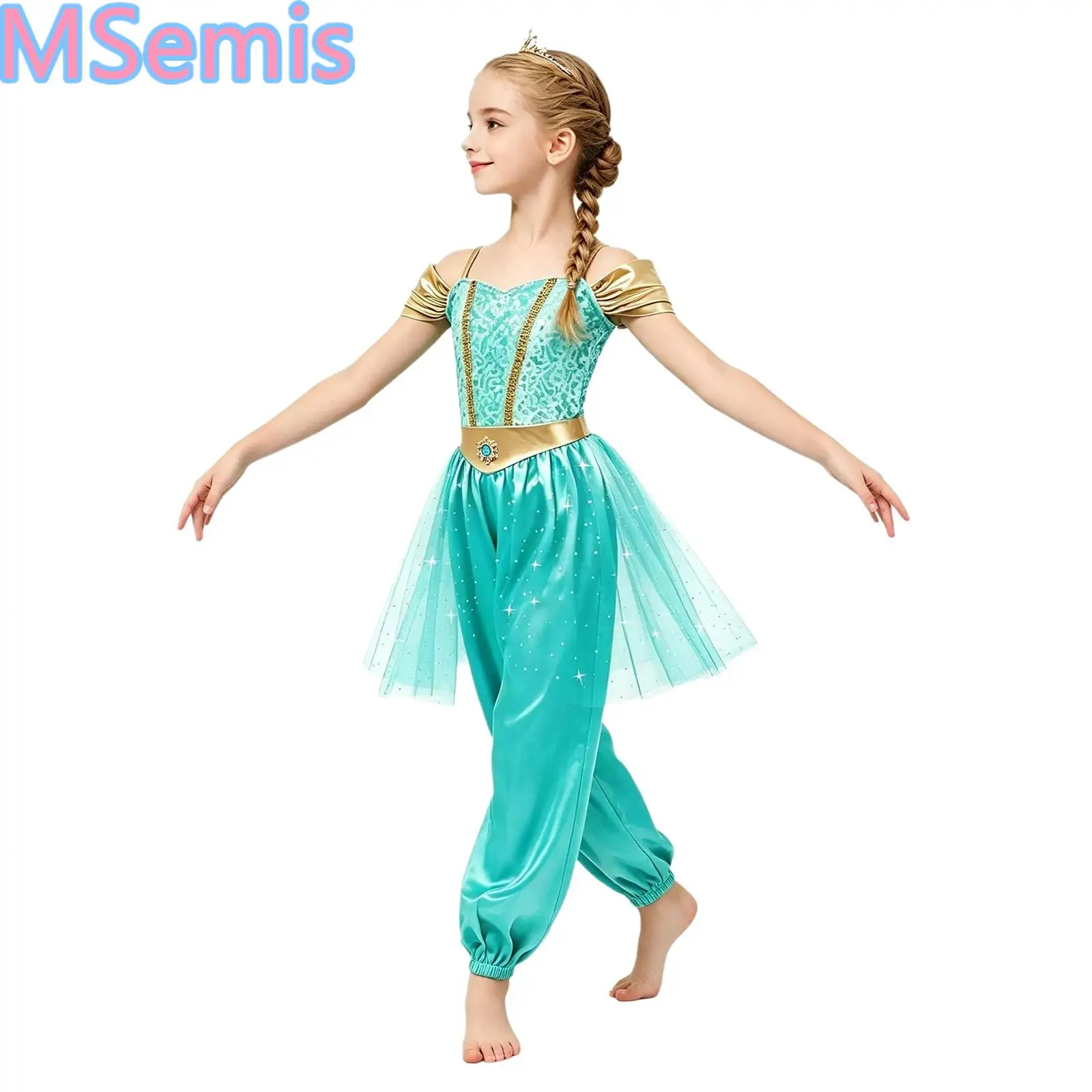 Kid Girls Elegant Arabian Princess Costume One-piece for Halloween Dress-up Theme Party Sequin Bodice Tulle Panel Skirt Jumpsuit