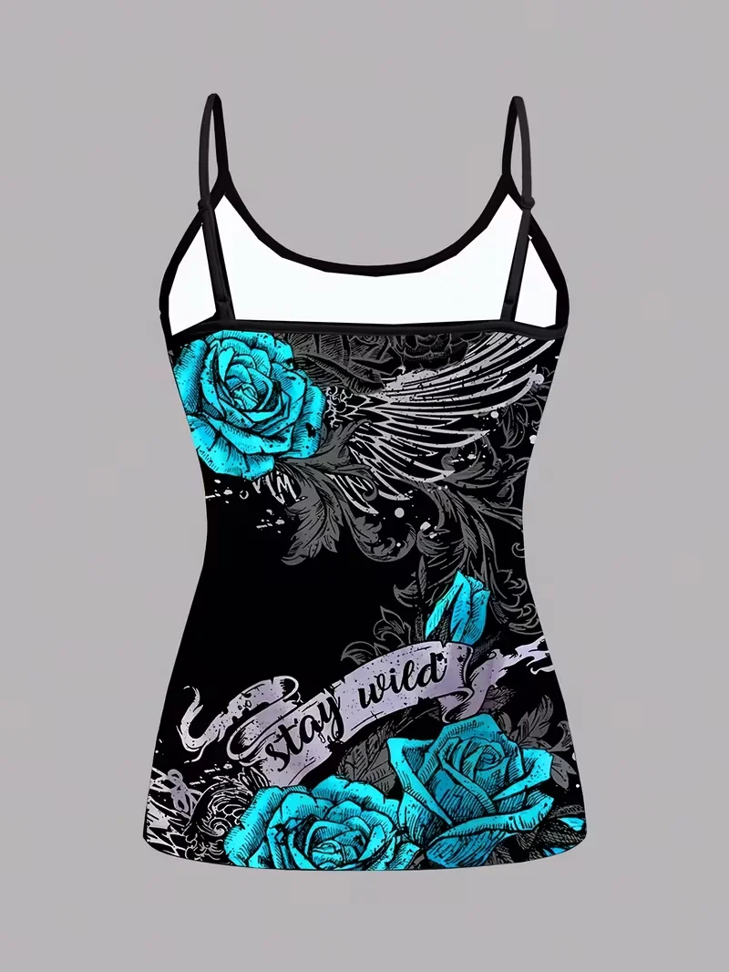 4-Pack Women's Rose Print Camisole Tops with Slogan and Wing Pattern, Slim Fit Inner Wear Tops