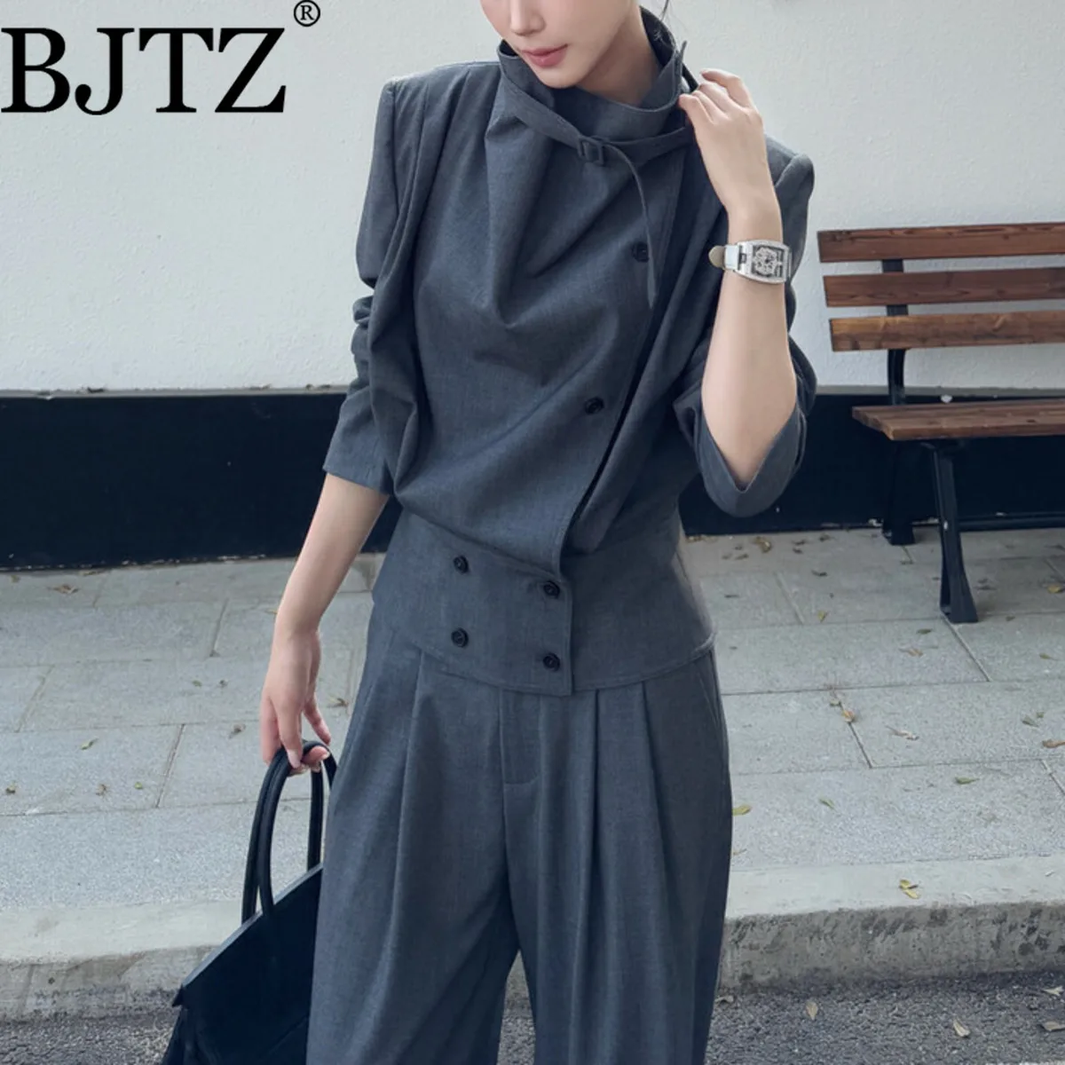 

BJTZ Women’s Stacked Neck Trench Coat & High Waist Wide Leg Pants Two-Piece Set Autumn Winter Elegant Office To Evening Outfits