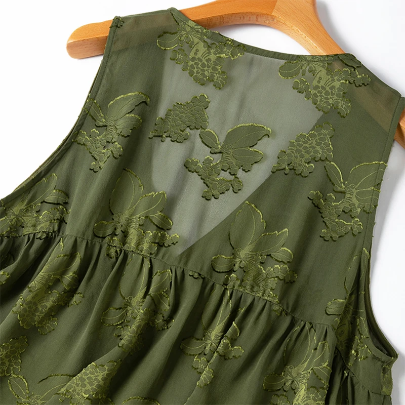 Women Silk Tank Top 100% Mulberry Silk Embroidery Loose Type Thin Olive Green V Neck Vest Sleeveless Top Summer Beach M1176