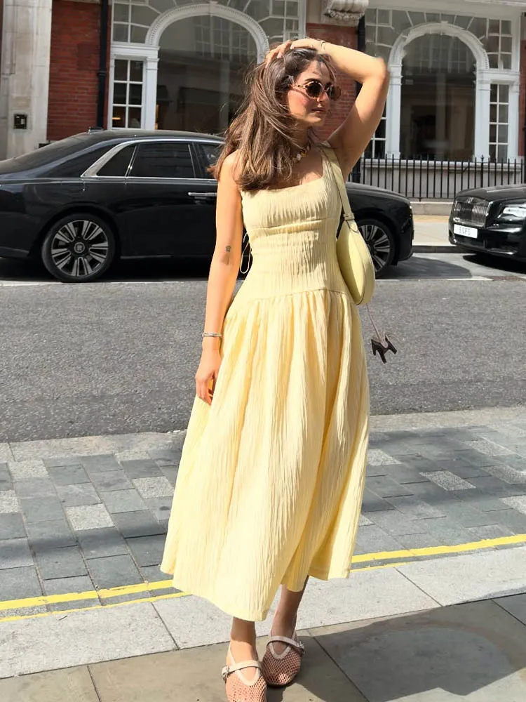 HH Women's Fashion Textured Backless Square Neck Slim Midi Sleeveless Dress Female Sexy Elegant High Waist Long Sling Dress