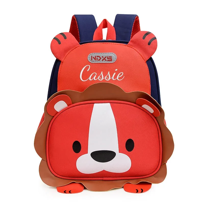 Custom Name Cute Cartoon Lion Printed Boys\' Backpack For Kindergarten And Elementary School Kids Aged 2-6 Anti-lost Chest Buckle