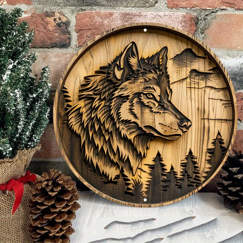 Wolf Image Aluminum Metal Sign, Round Door Hanger, Wall Decor with HD Printing, Waterproof Quality, Weather Resistant