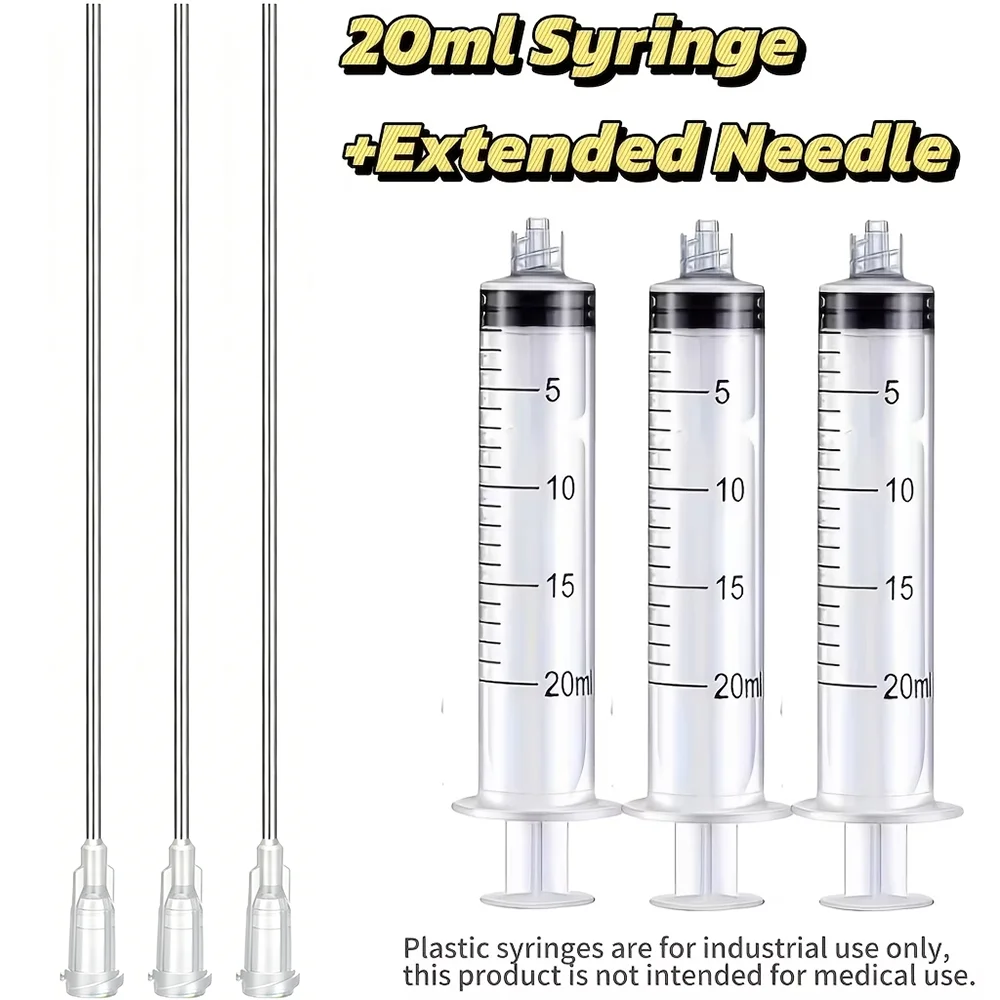6-teiliges Set (Spritze + Nadel) 10 ml/20 ml/60 ml Kunststoffspritzen, langer Nadeltyp, stumpfe Spitze, geeignet für den Laborgebrauch, Flüssigkeitstransfer, Messung und Dosierung sowie