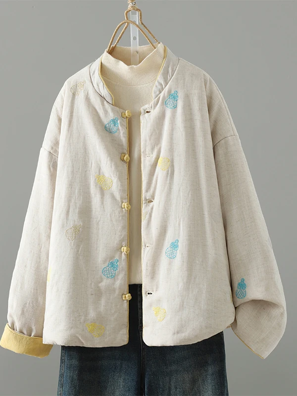 Double-Sided Wear Cotton Jacket Embroidered Gourd Design Chinese Style Women's Casual Coat Comfortable Loose Fit Long Sleeve