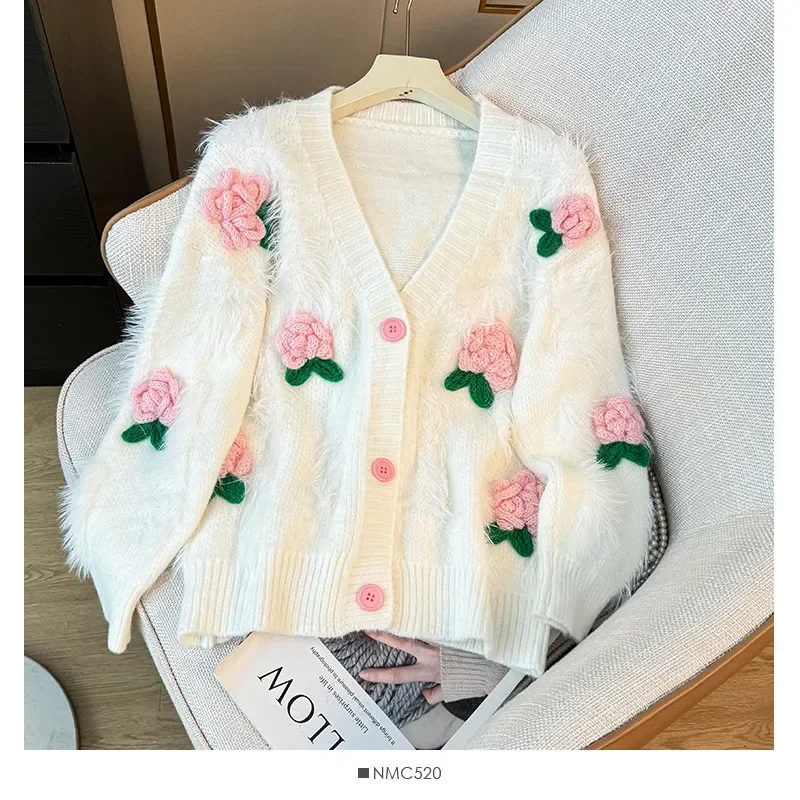 Sweet Rose Flower Loose V-neck Loose Fuzzy Sweater Jumper 2025 New Fashion White Knitted Cardigan Women Long Sleeve Fluffy Top