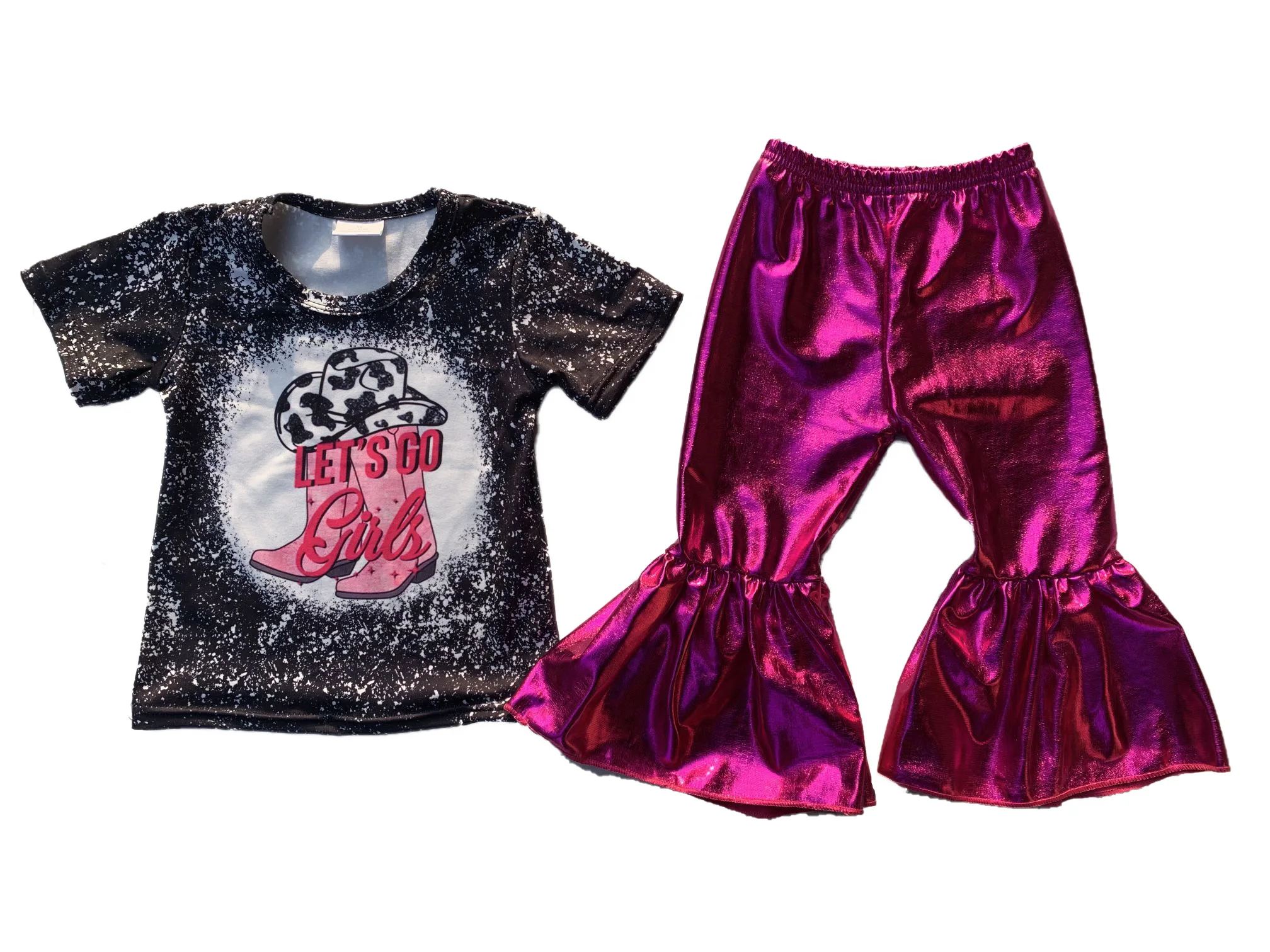 

Hot Sale Baby Girls New Western Design Top Hot Pink Leather Pants Set