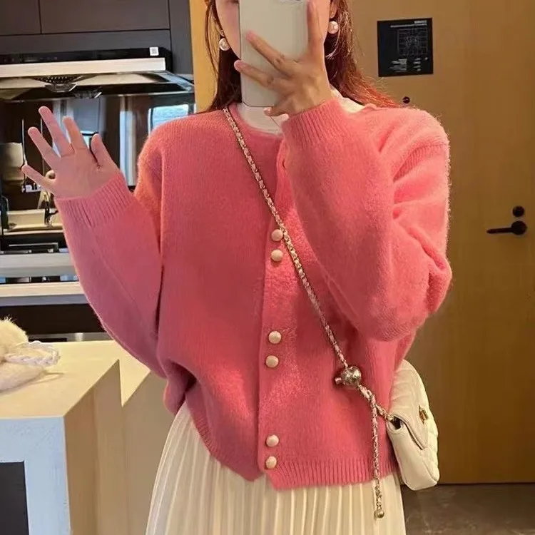 2024 Ladies New round Neck Double Button Knitted Cardigan Spring Soft Glutinous Solid Color Sweater