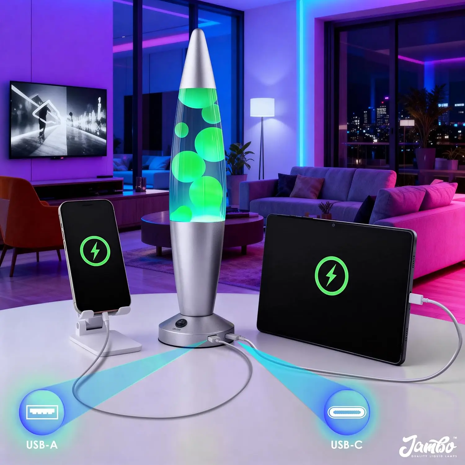 Lampe à mouvement liquide bleue de 16 pouces avec ports de chargement USB, veilleuse relaxante pour chambre à coucher, salon, bureau