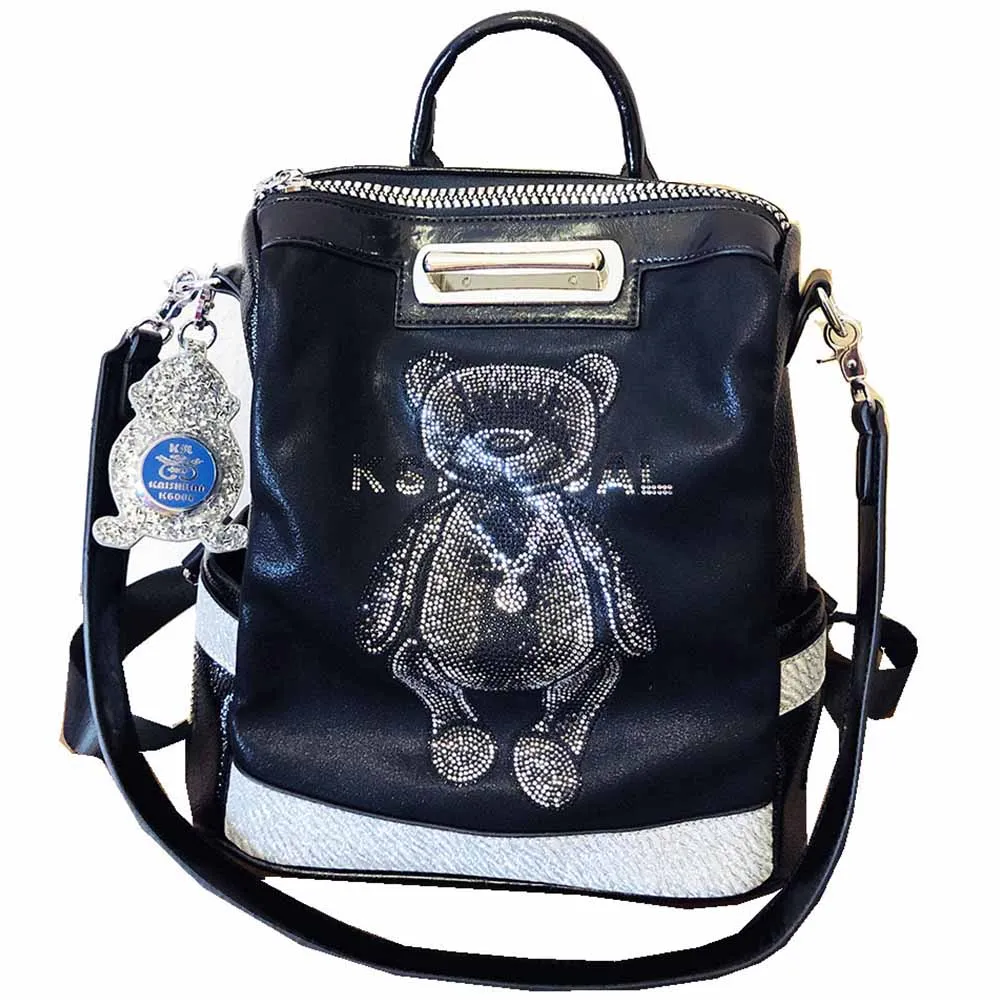 Brand Women Backpack Luxury Rhinestone Cute Bear Designer Shoulder Bag Lady High Quality Genuine Leather Travel Backpack Mochila