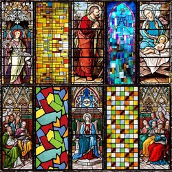 Stained Glass Window Stickers, Privacy Film, Church Style, Static Cling, Decorative Frosted Window Films, Customized Size