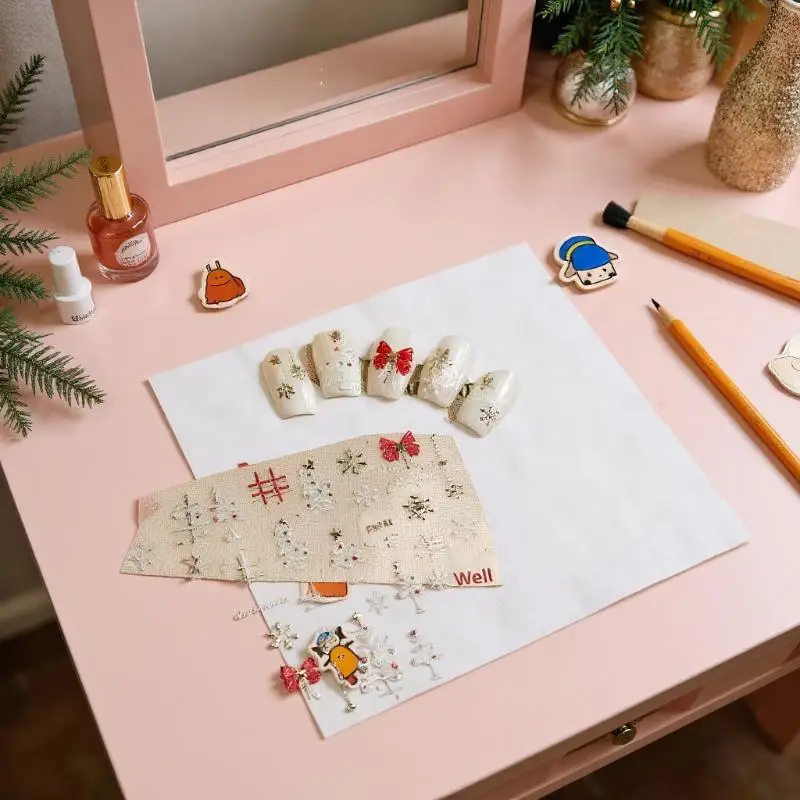 لطيف عيد الميلاد نمط الأبيض شجرة عيد الميلاد ندفة الثلج مسمار الفن ملصقات القوس الأحمر مسمار الفن طباعة تنقش ملصق احتفالي مسمار ديكور