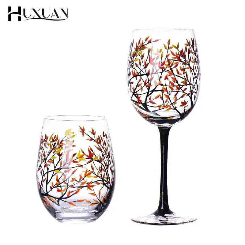 1PC Four Seasons Trees Wine Glasses Goblet Creative Printed Round Glass Cup For Wine Beer Cocktail Large Capacity Glass Cup Gift