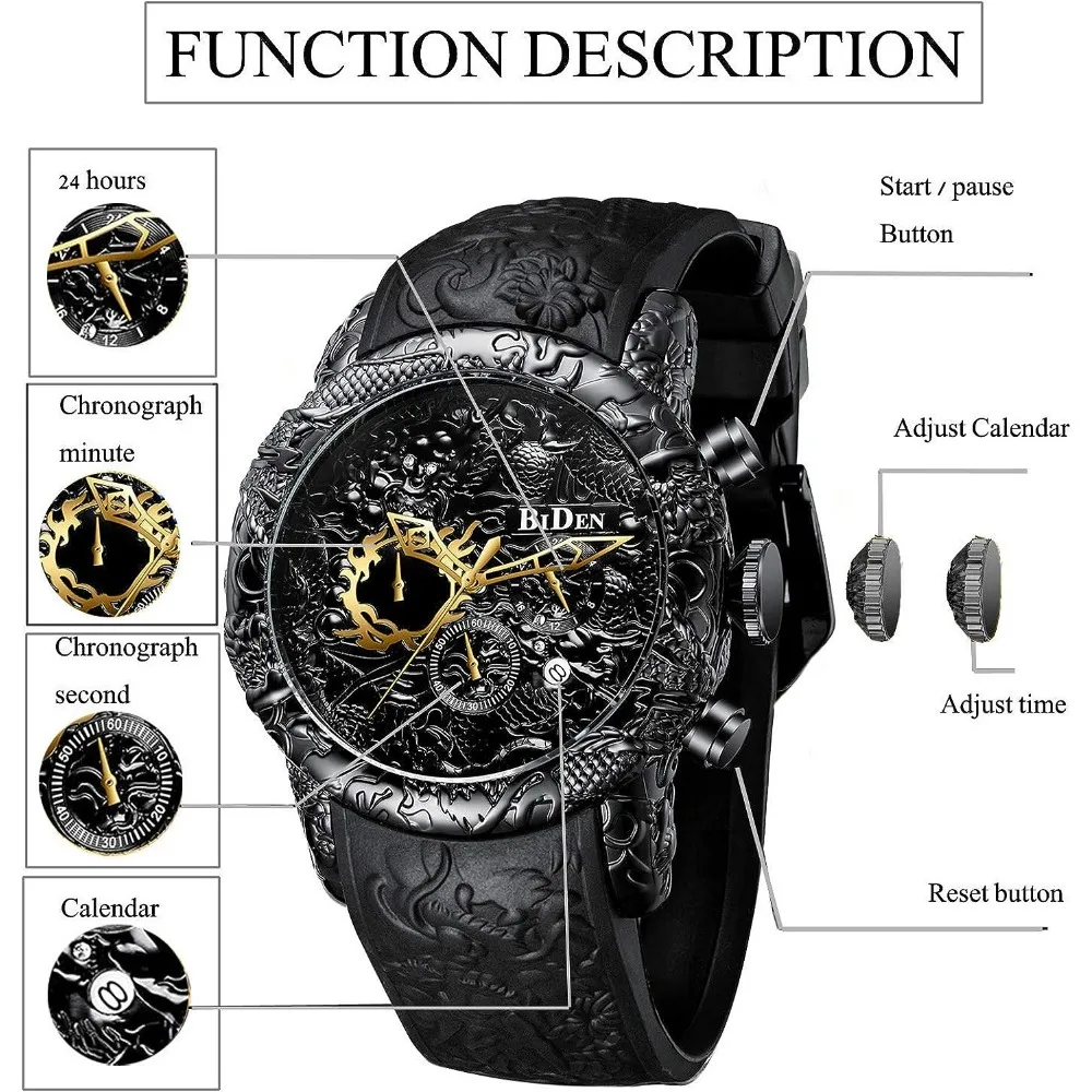 BIDEN Men\'s Watch Chronograph Silicone Strap Waterproof Designer Luminous Analogue Date Business Quartz Movement Wristwatch