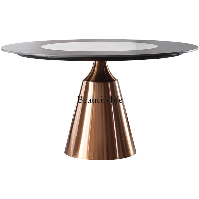 

Slate dining table Household built-in circular rock slab dining table with turntable