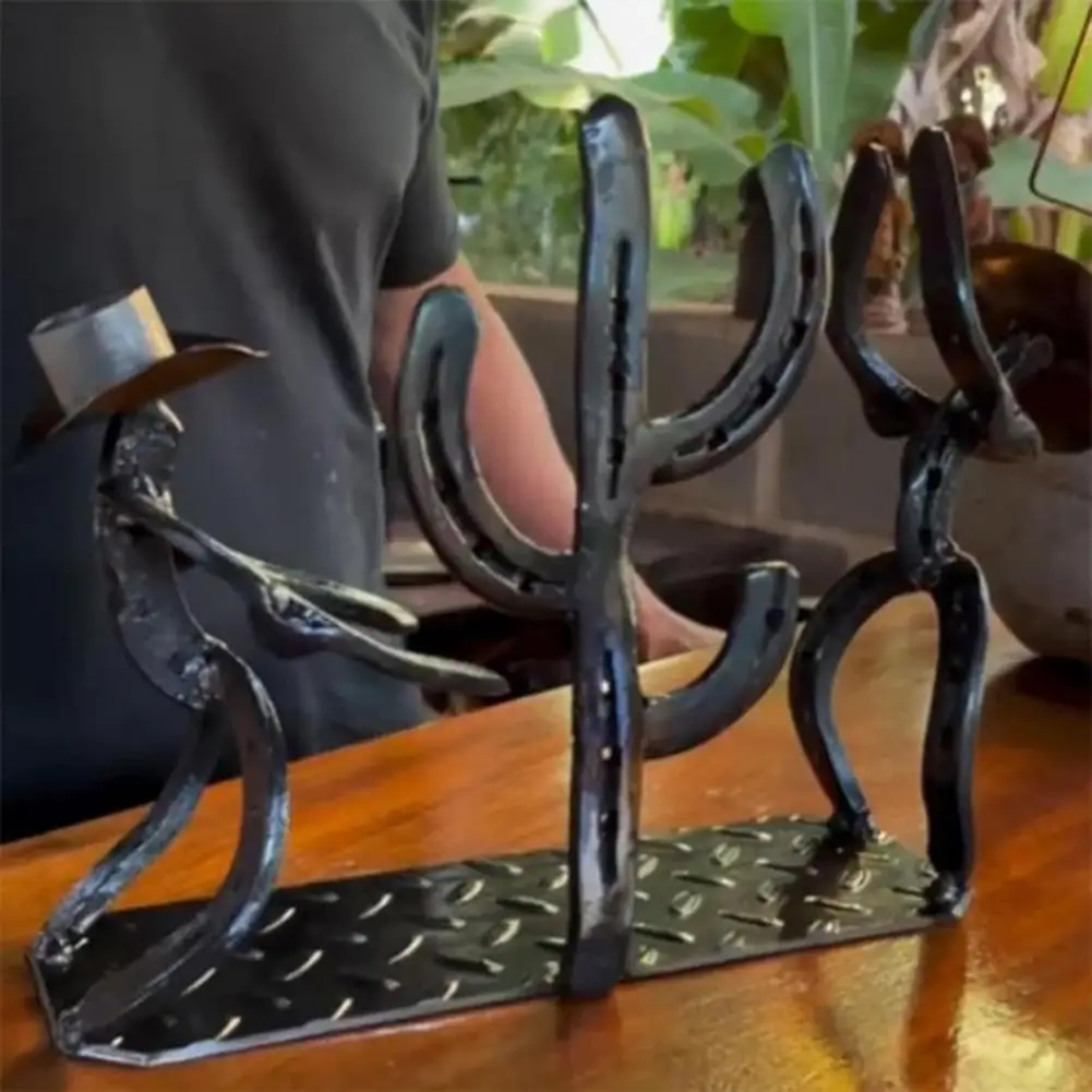 Stable Wine Rack Western Cowboy Cactus Wine Bottle Rack with Glass Holder Rustic Metal Tabletop Wine Stand Novelty Bar for Home