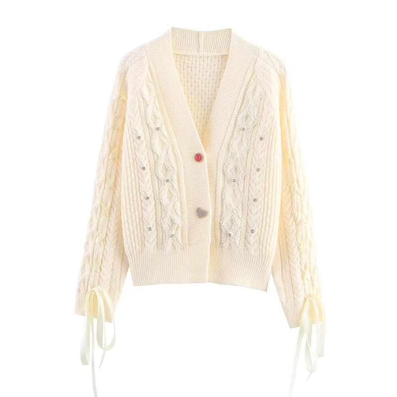 

YENKYE New Fashion Women Beading Knit Cardigan Long Sleeve Ｖ Neck Single Breasted Short Autumn Coat