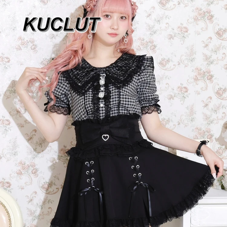 Japan's Original New Sweet and Cute Bow Lace Short-sleeved Shirt Fashion Blusas Femininas Elegantes Women's Tops Summer