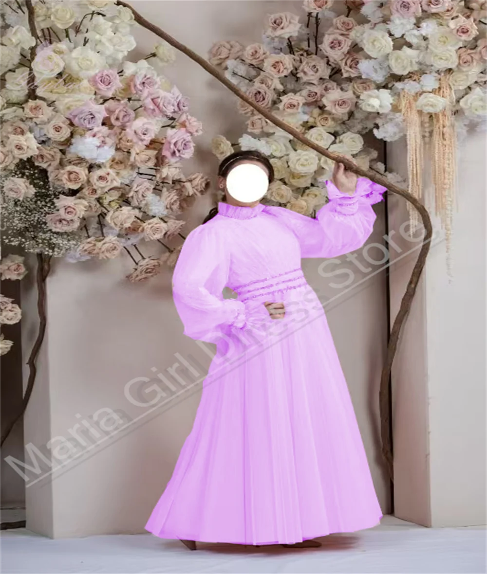 맞춤 부티크 신부 자매 드레스 튤 긴팔 하이넥 롱 걸 첫 영성체 생일 파티 연회 드레스