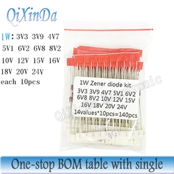 14Values*10pcs=140pcs 1W Zener diode kit 3.3V-24V 1N4728A 1N4730A 1N4733A 1N4736A 1N4740A 1N4742A 1N4744A 1N4746A 1N4747A DO-41