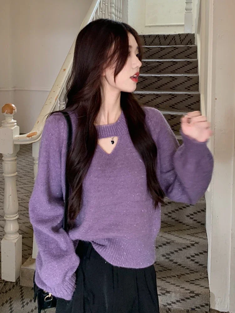 Maglione lavorato a maglia a maniche lunghe spesse dal design scavato da donna stile coreano nuovo arrivo capispalla allentati ritagliati estetica tutto-fiammifero