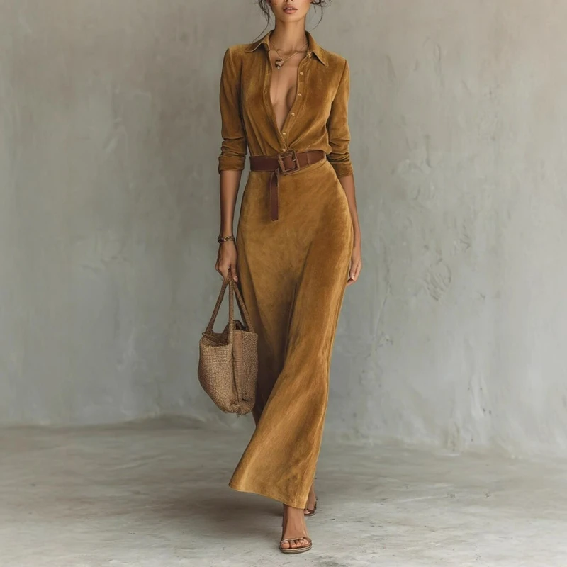 ملابس نسائية على الطراز الأوروبي الأمريكي القديم للخريف من جلد الغزال الخصر فستان طويل عصري أنيق مع حزام
