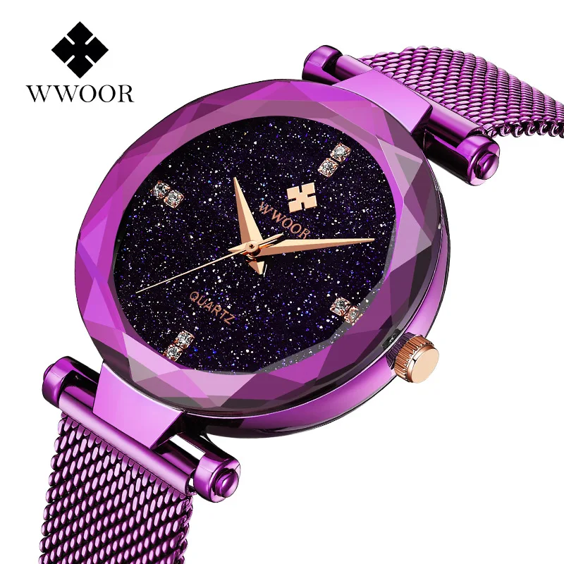 

WWOOR 2024 Woman Quartz Wristwatches Waterproof Unique Design Ladies Watch Steel Mesh Fashion Women Watch Colorful