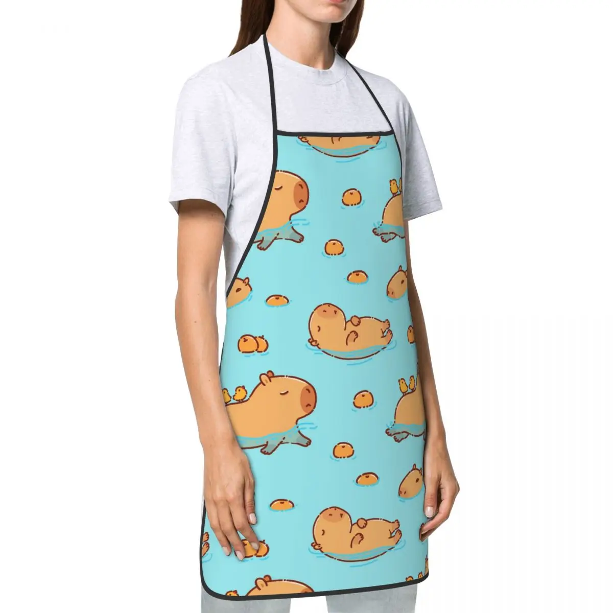 Cute Capybara Swimming Kitchen Cooking Aprons Water & Oil Resistant Tie Kawaii Capy Animal BBQ Aprons for Men Women Chef Gifts