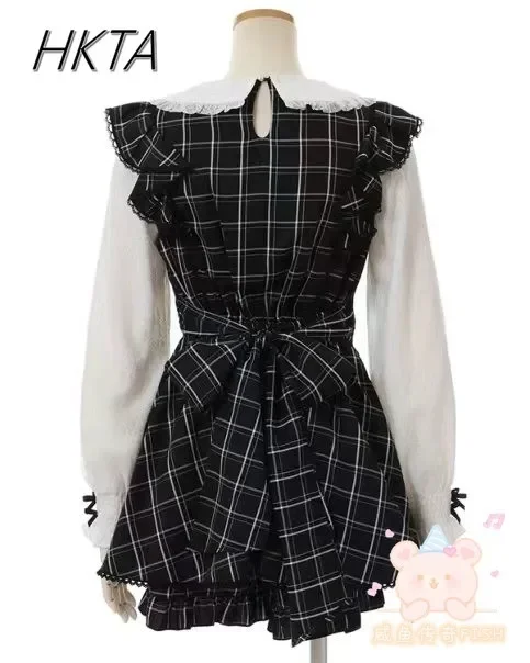 Doll Collar Bow Bandage Rhinestone Plaid Long Sleeve Shirt Mine Mass-Produced Long Sleeve Dress Shorts Lolita Two Piece Set Girl