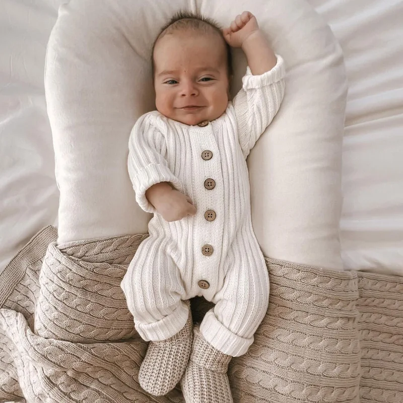 Baby Autumn Jumpsuit Infant Long Sleeve Button Body Suit Rompers Baby Knitted Jumpsuits Winter Baby Boy Clothes