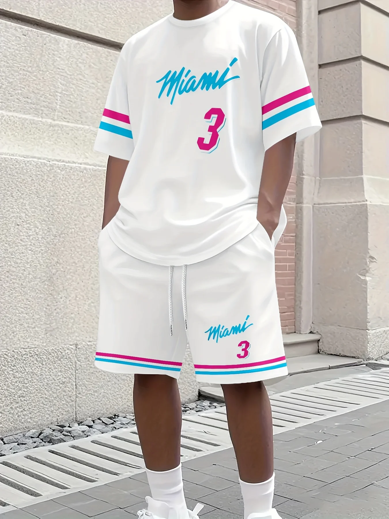 

New Men MIAMI NO.3 Print Casual Short Sleeve T-Shirt Shorts Set Adult Basketball Jersey Jogging Suit 2 Piece Set Clothes