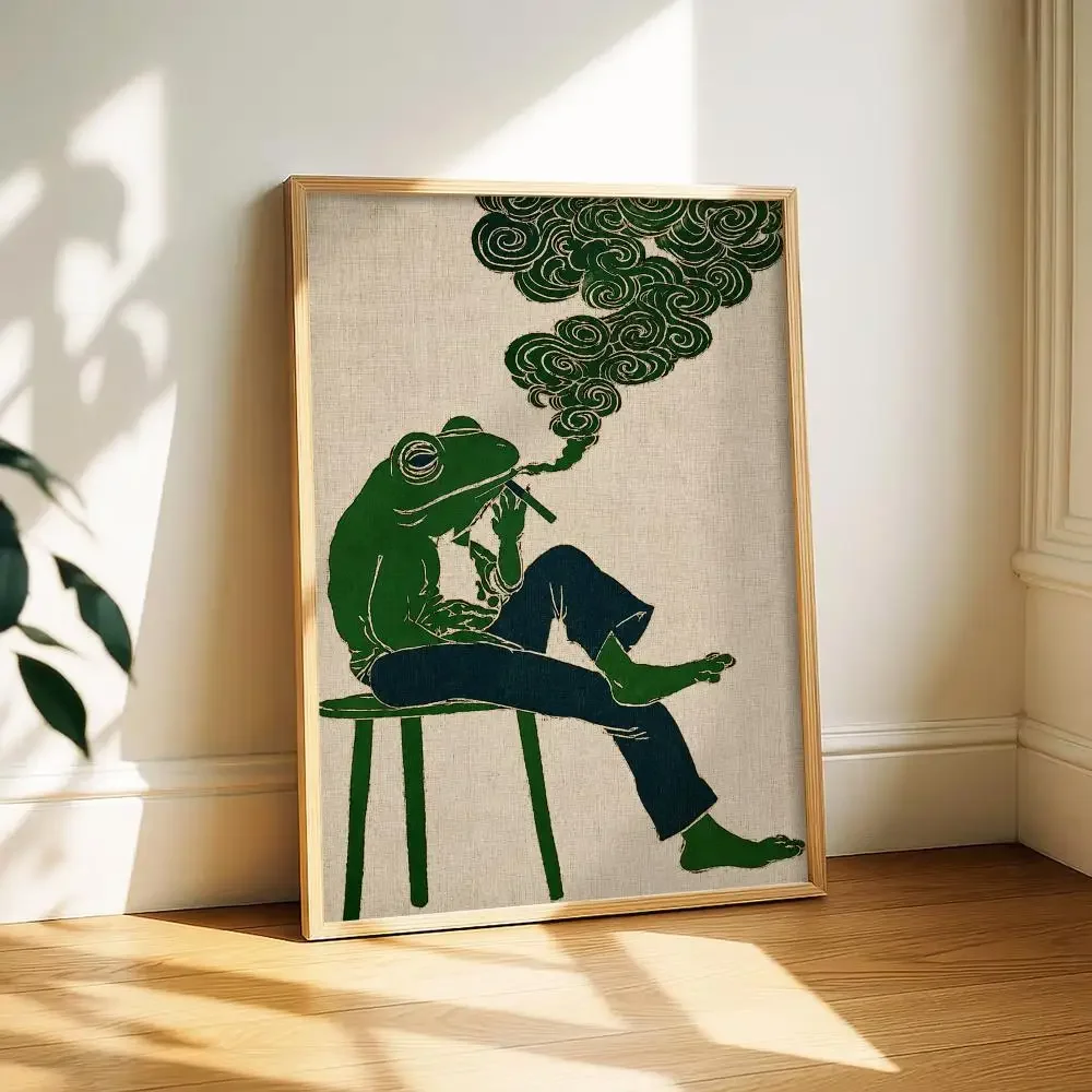Surreal Frog Vintage Smoking Frog Painting Calligraphy Canvas Poster Art for Bedroom Room Home Decor Wall Decoration Decals Gift