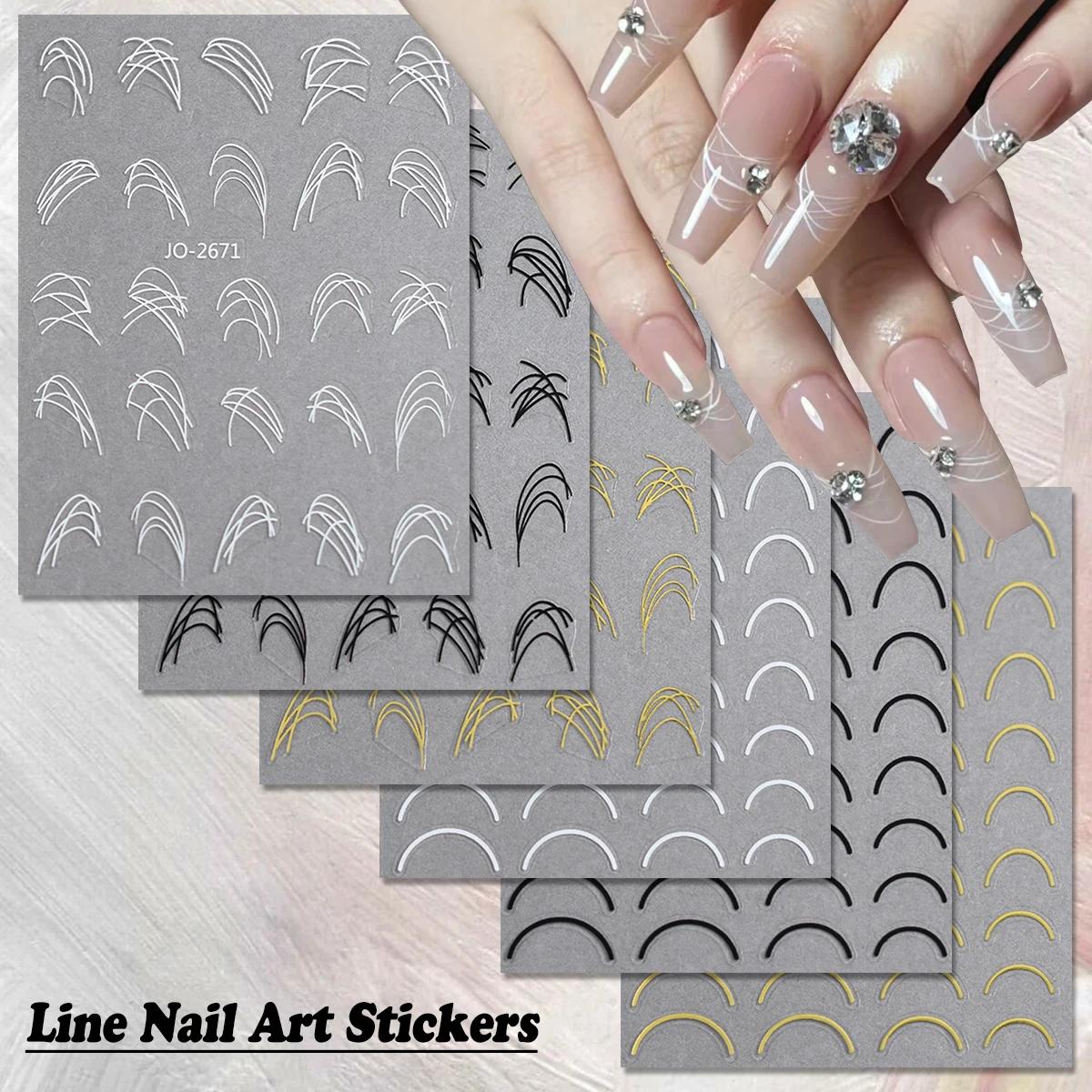 

3/6/12 Sheets French Line Nail Art Stickers Set, White Black Gold Curve Stripe Nail Decals for Acrylic Gel Nails Design