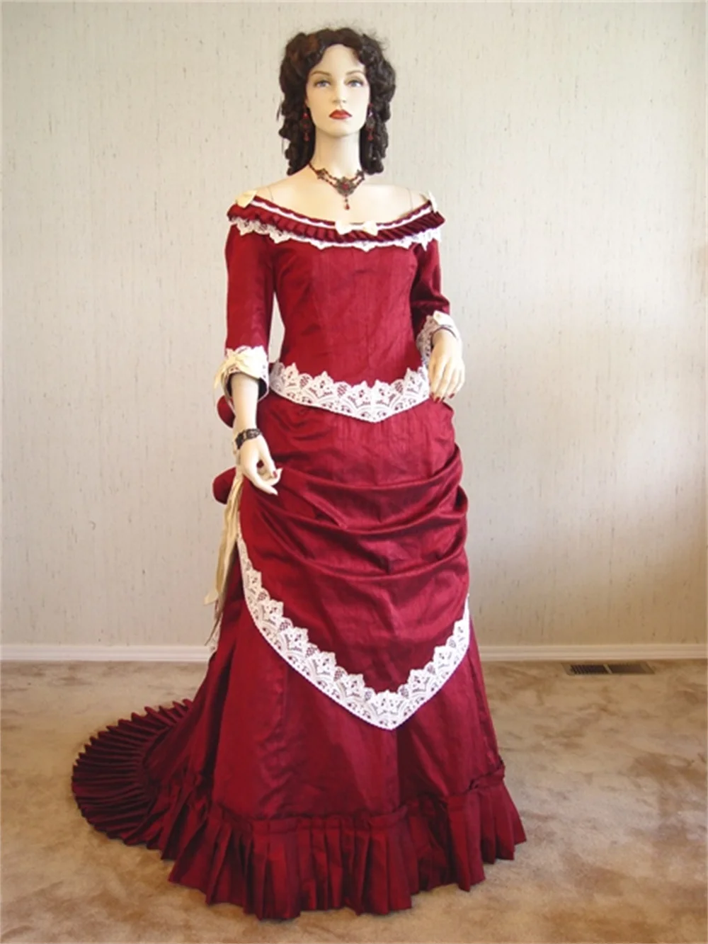 

1900th Century Deep Red Wedding Victorian Bustle Period Dress Renaissance Vintage Long Evening Dress Costume