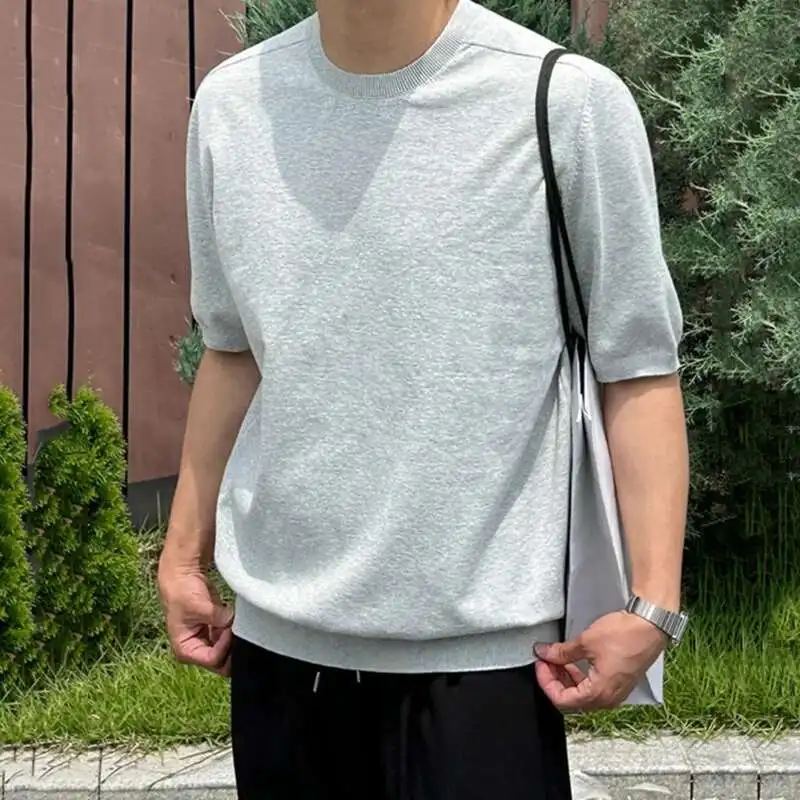

SYUHGFA 2025 Summer Korean Style Men's Knitted Top Half Sleeve Round Collar Pullover Male T-shirt Loose Simple Male Clothing