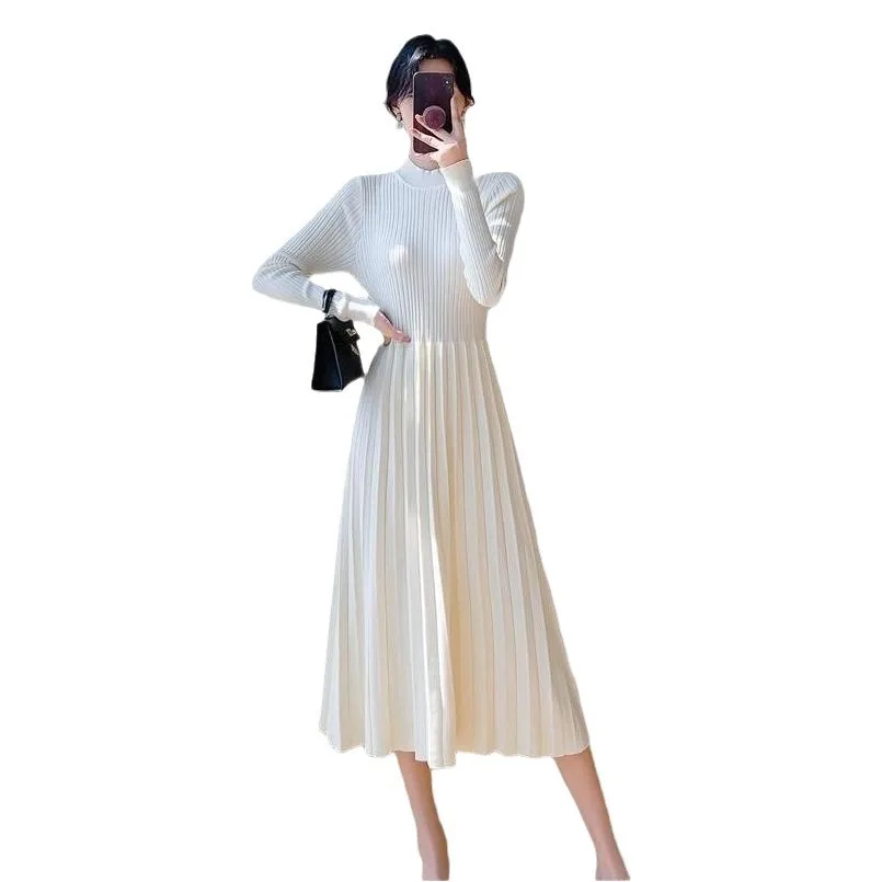 Vestido de malha com casaco para mulheres no outono e inverno, gola meio alta, comprimento médio, acima do joelho, camada interna, linha A de lã