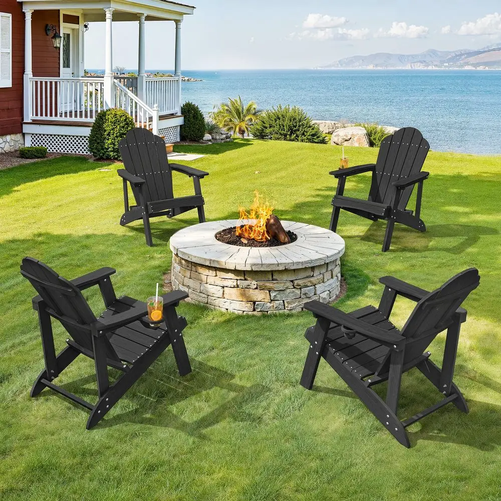 

BONA HDPE Adirondack Chairs Set of 4 Weather Resistant Seating with Cup Holder for Patio, Fire Pit, Deck amp Resort Garden, Bla