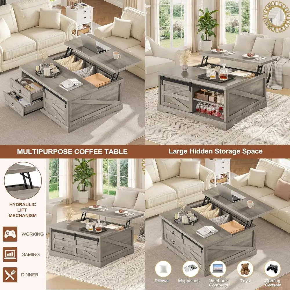 

Farmhouse Style Square Coffee Table with Lift Top and Storage, Large Hidden Compartment for Living Room