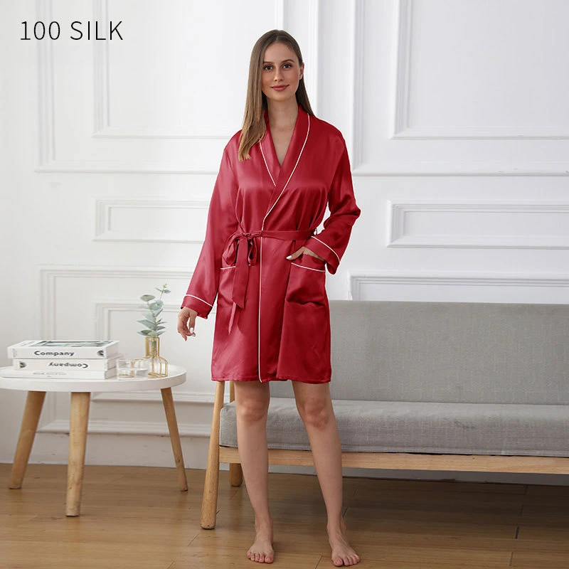 New 19 Mm Women's Embroidered Nightgown Silk Dress Summer 100 Mulberry Silk V-neck Robes for Women  Silk Robe  Sleepwear