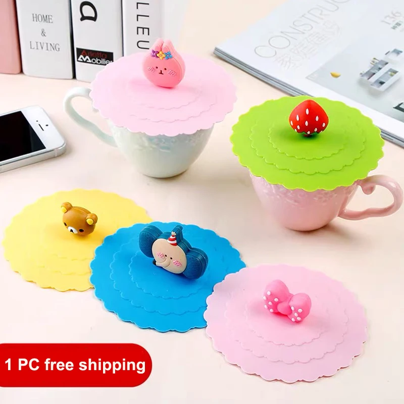 Cute Cartoon Silicone Lids Cup Elastic Lid Teacup Lid Dustproof and Leak-proof Round Shape Suitable for Cups Below 10cm