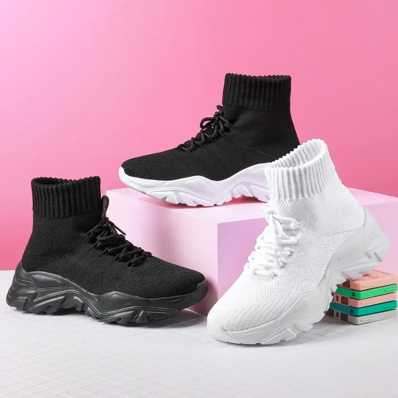 Scarpe vulcanizzate da donna alla moda Traspiranti Nuovi stivali con calzino in maglia femminile Streetwear Sneakers con plateau per ragazza di alta