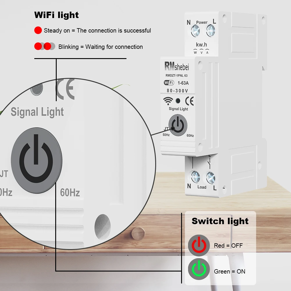 RMshebei Tuya Smart WiFi Disjuntor 1P + N 63A Interruptor de controle remoto Proteção contra sobrecarga de sobretensão e temperatura
