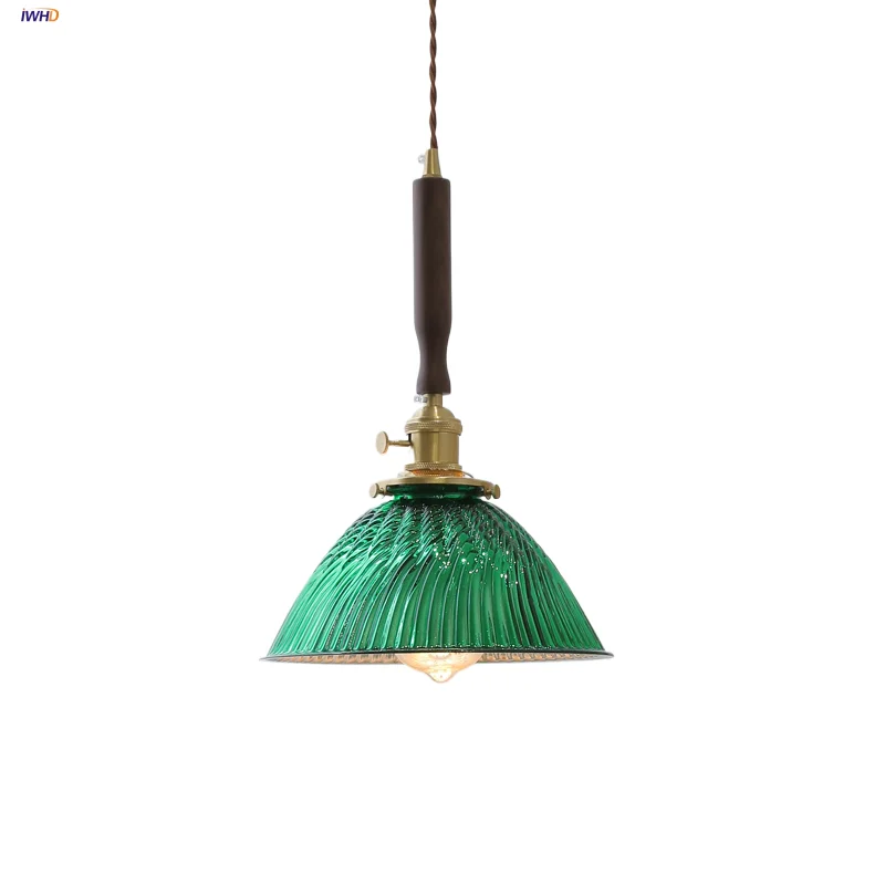 

IWHD Green Glass LED Pendant Lights Kitchen Study Bar Walnut Wood Copper Knob Switch Nordic Modern Hang Lamp Luminaira Suspendu