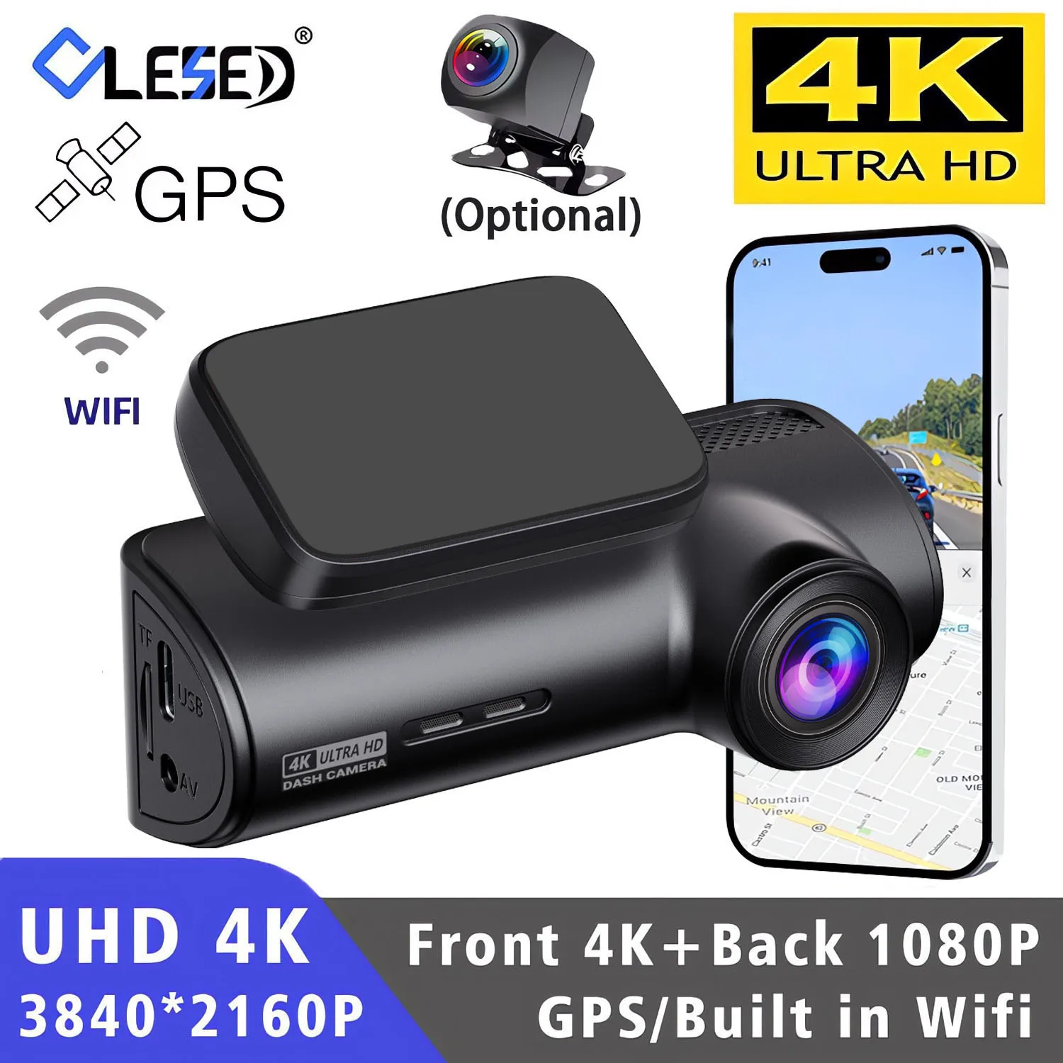4K UHD Dash Cam WiFi GPS Front 4K Rear 1080P DVR Video Recorder Dual Lens 24H Night Vision Dashcam Car Camera for Car Black Box