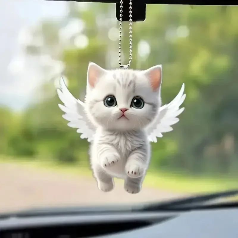 2D Car Pendant Hanging Ornament with Chain Realistic Animal Cat-Shaped Rearview Mirror Hanging Decor Car Interior Accessories image 3